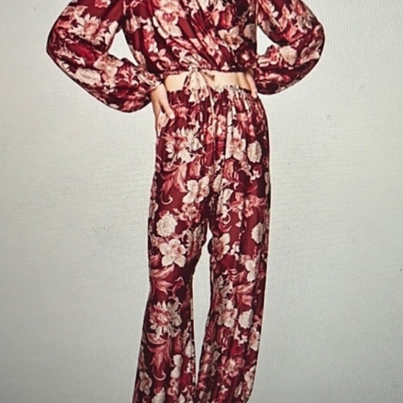 Zara 2 piece silky ruby/white floral kimono patterned outfit sz XS EUC! - Picture 4 of 9